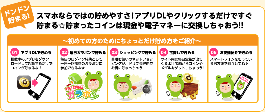 スマホならではの貯めやすさ！アプリDLやクリックするだけですぐ貯まる☆貯まったコインは現金や電子マネーに交換しちゃおう！